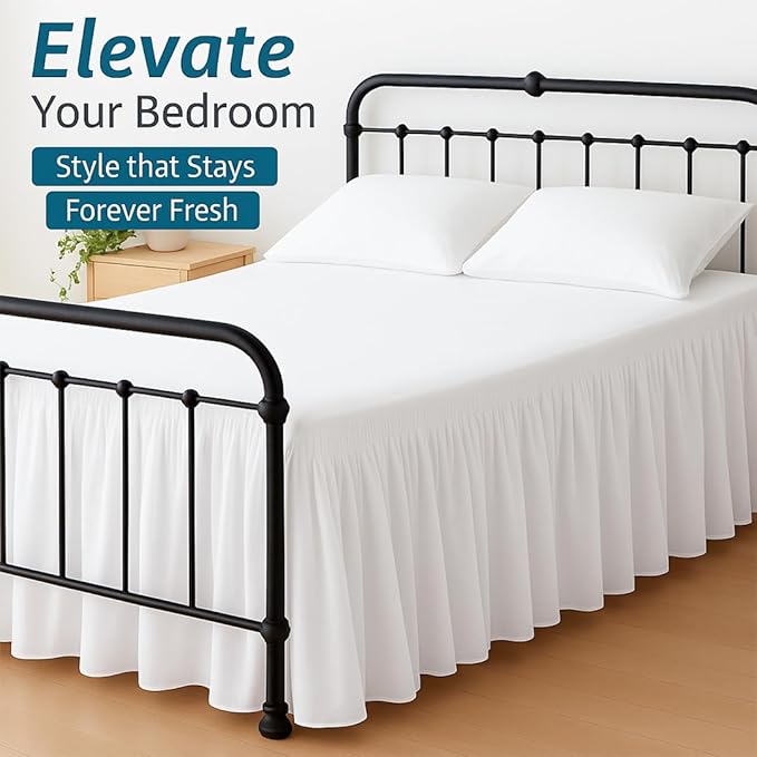 Shreem Linen Ruffled Bed Skirt with Split Corners, Gathered Style, 100% Microfiber, 18-Inch Drop, Dust Ruffle Bedskirt with Platform, King, White