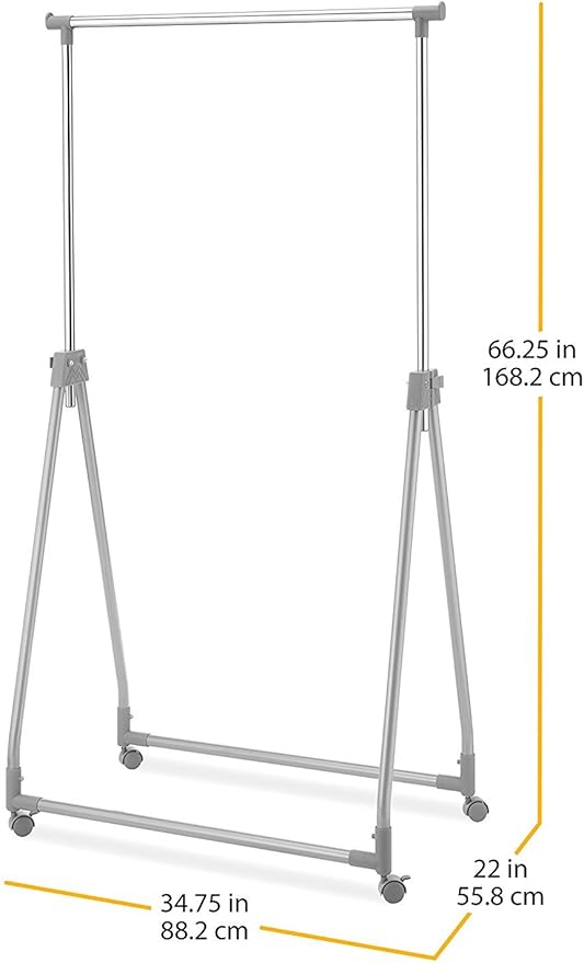 Whitmor Foldable Garment Rack - Rolling Clothes Rack - Adjustable Height - Silver