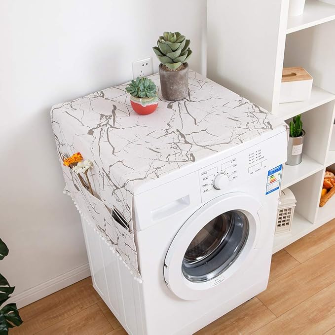 AKOAK 1 Pack 55 x 130cm /22 "x 51" Geometric Washing Machine Refrigerator Dust Cover, Multi-Purpose Household Cotton Linen Dust Microwave Cover, with Storage Pouch (Marble)
