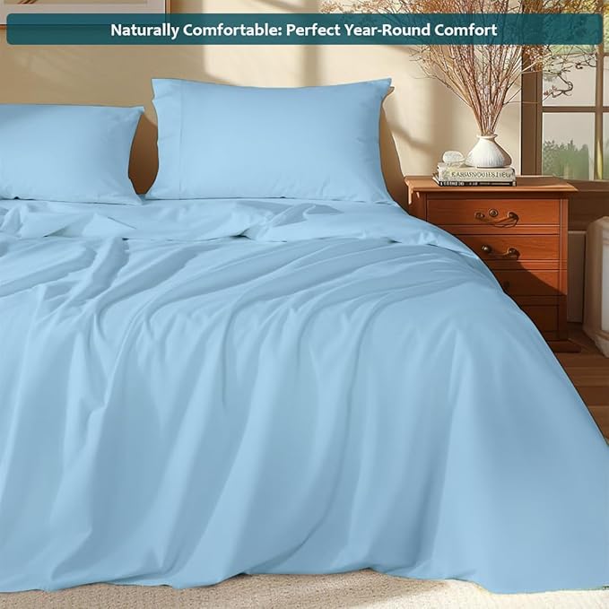 Olympic Queen Sheet Set – 100% Egyptian Cotton, 338 Thread Count – 4-Piece Luxury Super Queen Sheets – Soft & Breathable – 16” Deep Pocket Fitted Sheet, 1 Flat Sheet, 2 Pillowcases (Light Blue Solid)