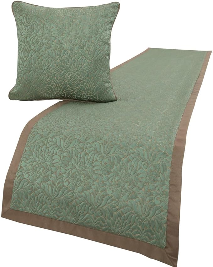The HomeCentric King/Queen/Twin Blue & Beige Decorative Queen 74"x18" Bed Runner with Pillow Cover, Damask Bed Scarf on Jacquard Fabric - Arabella