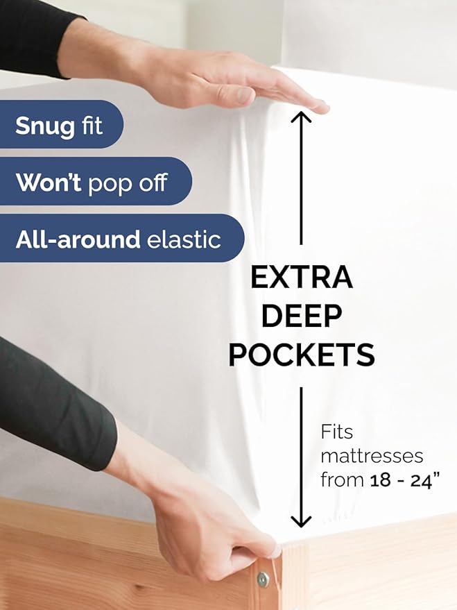 Extra Deep Twin Fitted Sheet - Hotel Luxury Single Fitted Sheet Only - Easily Fits 18 inch to 24 inch Mattress - Ultra Soft, Wrinkle Free with Extra Deep Pockets - Breathable & Comfy - Antique White