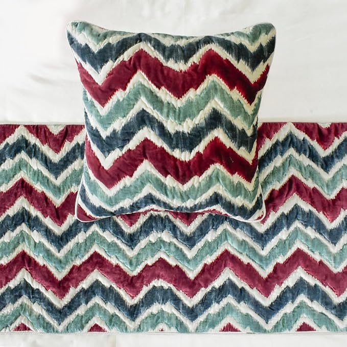 The HomeCentric King/Queen/Twin Red & Blue Designer CA King 86"x18" Bed Runner with One Pillow Cover, Chevron & Quilted Bed Scarf on Suede Fabric - Chevron Symphony