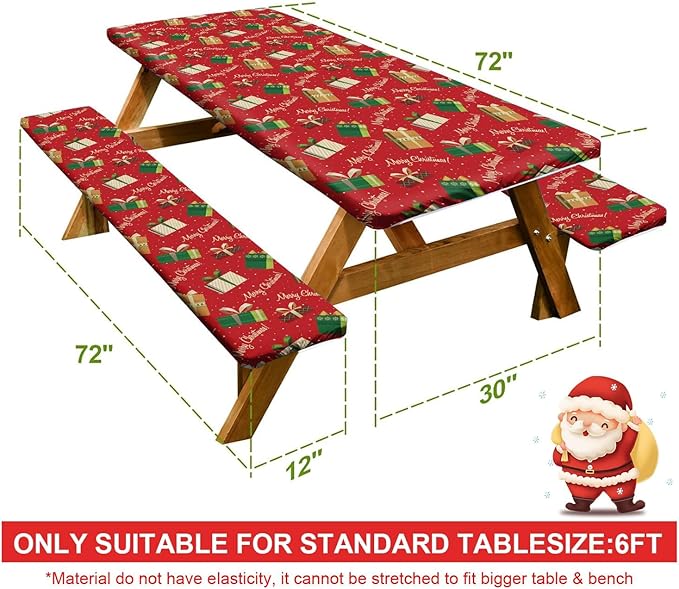 Picnic Table Cover with Bench Covers Set of 3, Elastic Fitted Tablecloth for 6 Foot Tables, Washable Polyester Tablecloths for Camping, Indoor & Outdoor