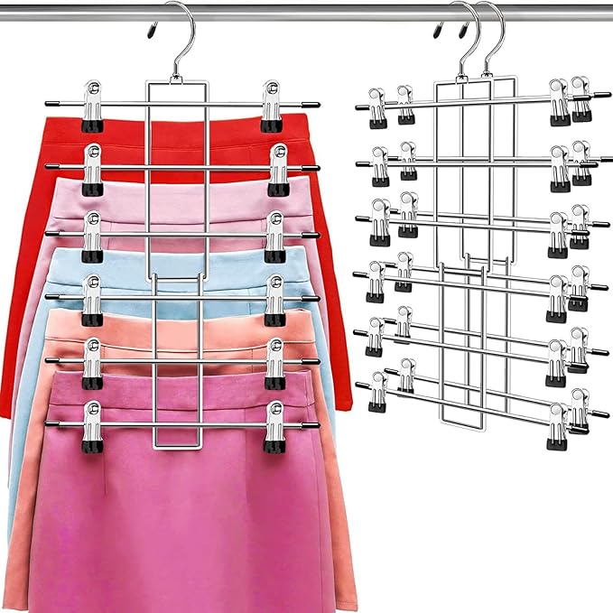 Pants Hangers with Clips,Space Saving Hanging Closet Organizer-6 Tiers Skirt Hangers with 360° Swivel Hook,Closet Organizer-Clothes Hangers- College Dorm Essentials Apartment Essentials-2 Pack