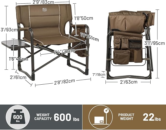 TIMBER RIDGE XXL Upgraded Oversized Directors Chairs with Foldable Side Table, Detachable Side Pocket, Heavy Duty Folding Camping Chair up to 600 Lbs Weight Capacity (Brown) Ideal Gift, 2 Pack