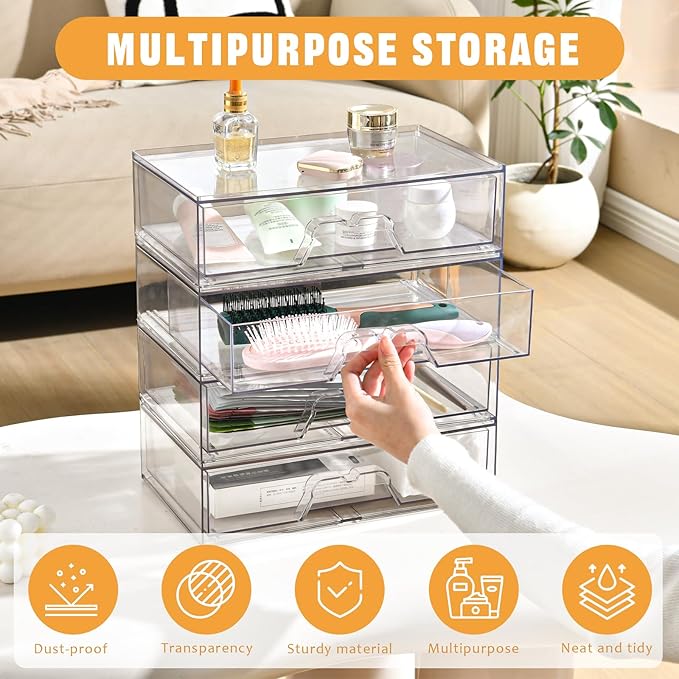 5 Pack Makeup Organizer Stackable, 12.1''L Bathroom Organizer and Storage Acrylic Undersink Drawer Organizer, Cosmetics and Beauty Supplies,Clear Plastic Storage Bins for Vanity,Pantry,Cabinet,Kitchen