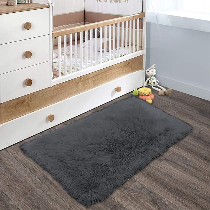 Latepis Dark Grey Small Bedroom Rugs 2x3 Washable Rugs Soft Shaggy Fuzzy Faux Sheepskin Fur Rug for Cushion Cat Mat Home Décor, Rectangle