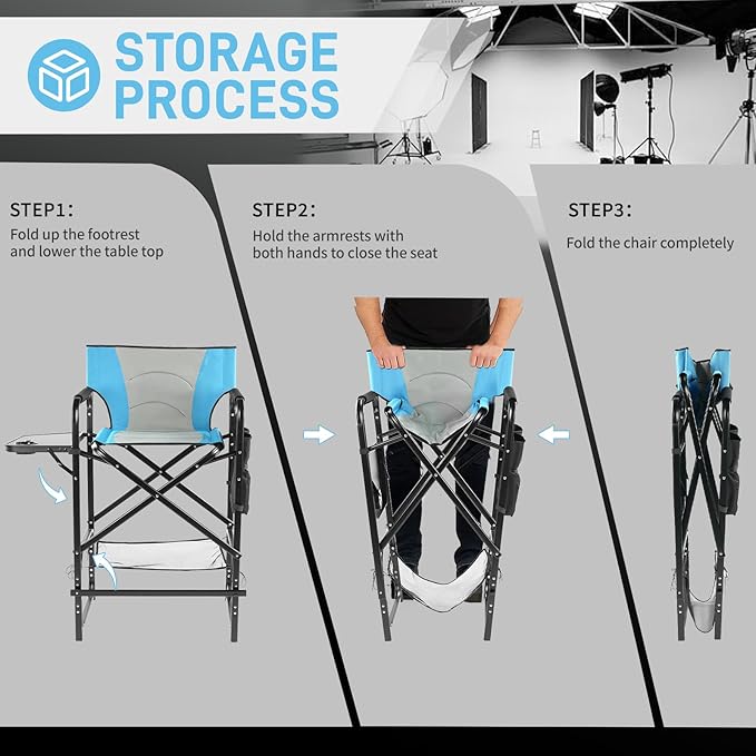 Outvita 31" Tall Directors Chair Height Seat Folding with Side Table Storage Bag, Support for 300Lbs Portable Makeup Artist Chair with Bar Height(Blue/Black)