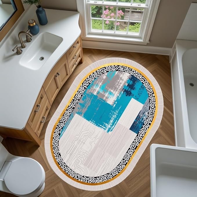 Vintage Luxury Grey Blue Gold Abstract Geometric Texture Oval Area Rug 5x7 for Living Room Bedroom Dining Room Minimalist Bordered Large Rugs Nursery Dorm Kitchen Entryway Soft Non Skid Floor Carpet