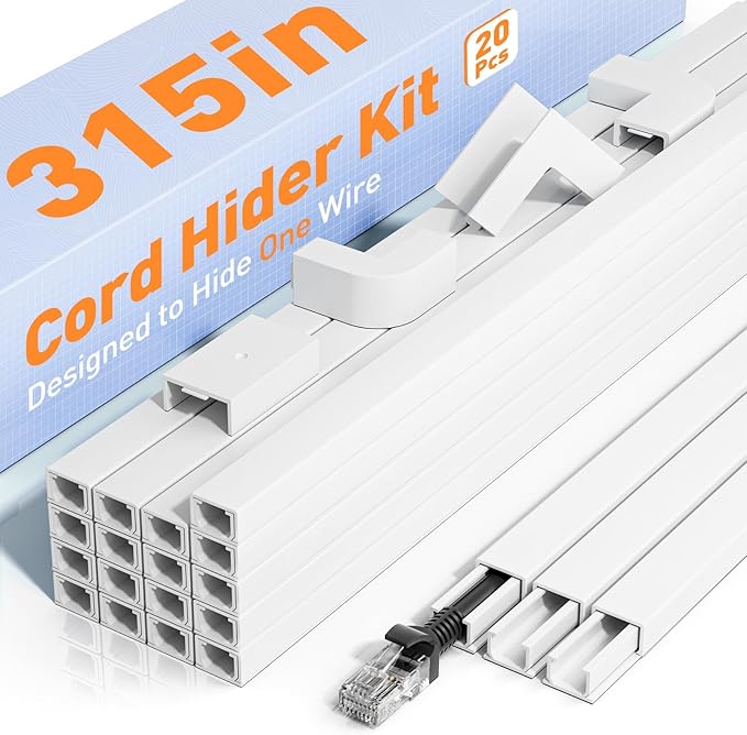 Delamu Cord Hider, 315in Cord Covers for Wires on Wall, One-Cord Cable Hider, Wire Hiders Wire Covers for TV Cords on Wall, Easy Mount Cable Cover Management Kit, 20 x L15.7 W0.59 H0.4in, White