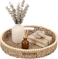Round Wicker Tray 16'' Large Seagrass Tray Decor with Wooden Beads and Handles, Woven Dining Room Decor for Kitchen Counter, Living Room, Bedroom (Seagrass)