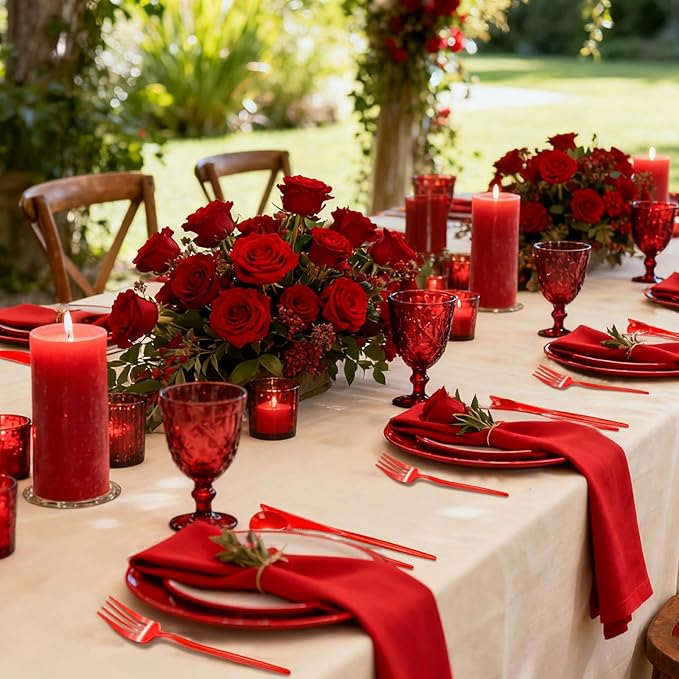 Gudvilla 120pcs Red Plastic Silverware Set Sturdy Red Utensils Disposable Plastic Cutlery Heavy Duty includes Forks and Spoons and Knives Sets for Valentines Day Birthday Graduation Chinese New Year