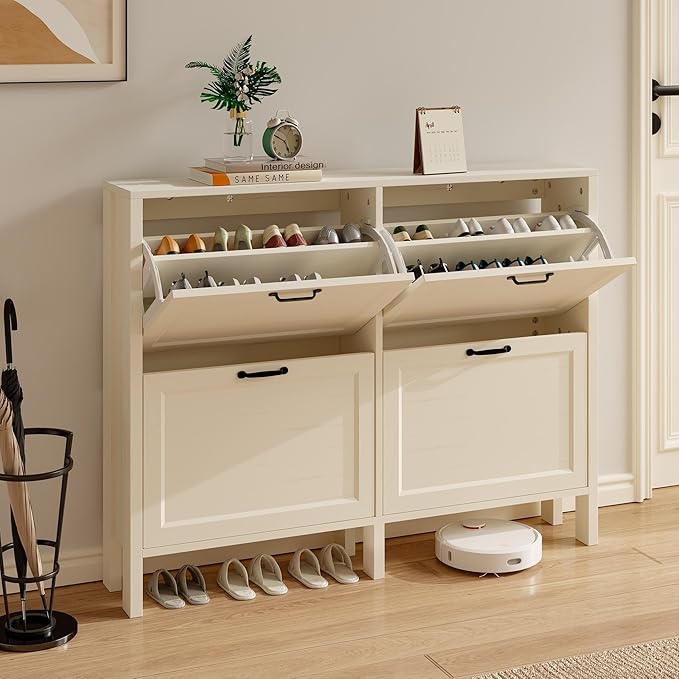 LOUVIXA Shoe Cabinet with 4 Flip Drawers, Narrow Shoe Storage Cabinet, Freestanding Shoe Cabinet Organizer, Hidden Shoe Rack Cabinet for Entryway, Hallway (4-Drawers, Off White/4-drawers)