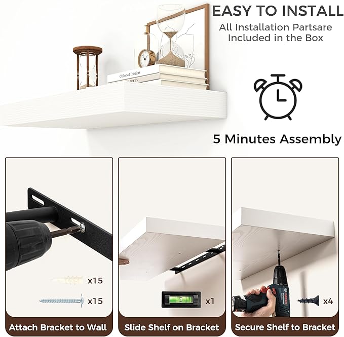 Venusmiles Floating Shelves for Wall, 72 Inch Floating Shelves Set of 1, 6.5" D Wooden Wall Mounted Display Shelves with Invisible Brackets for Living Room, Bedroom, Bathroom, Kitchen Decor, White
