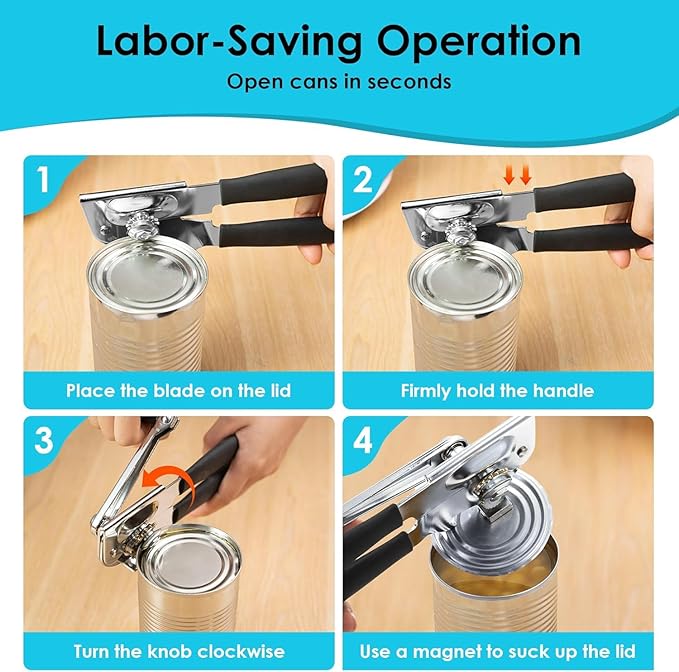 LUFMWCWD Crank Handle Commercial Can Opener - Heavy Duty Manual Can Opener - Ergonomic Cushioned Handle - Stainless Steel Blade - Black