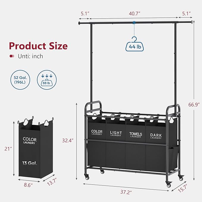 Tajsoon Laundry Sorter Cart with Hanging Clothes Rack, 4 Butler Sorter Basket Organizer, Laundry Hamper Cart with Heavy Duty Rolling Lockable Wheels, Black