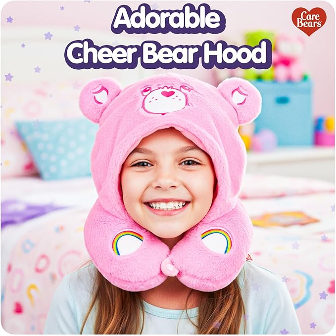 Care Bears - Cheer Bear Snuggle Hood, Travel Pillow with Hood, Soft Plush Neck Support, Lightweight, Comfortable and Breathable, Airplane, Care and Train Travel - Pink