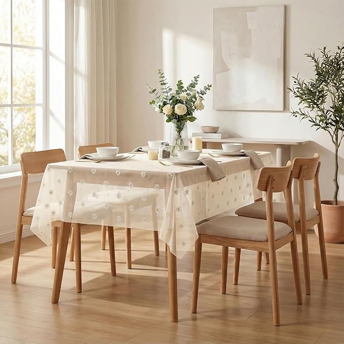 Horaldaily Champagne Embroidery Daisy Spring Summer Gauze Tablecloth 52×70 Inch Rectangular, Seasonal Tulle Table Cover, Garden Party Decorations for Wedding, Party, Holiday Dining