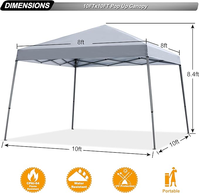 ABCCANOPY Stable Pop up Outdoor Canopy Tent 10 x 10 ft Base / 8 x 8 ft Top, Gray