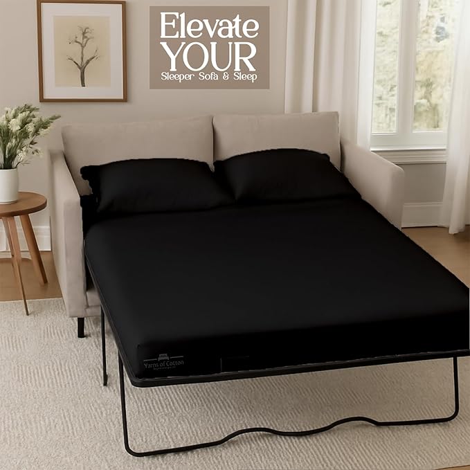 Sleeper Sofa 4 Piece Bed Sheet Set Premium Quality 100% Cotton 500 Thread Count, Smooth & Super Soft Sateen Weave, Extra Soft Bed Sheets, Wrinkle Free, 8 Inch Deep Pocket (Queen, Black)