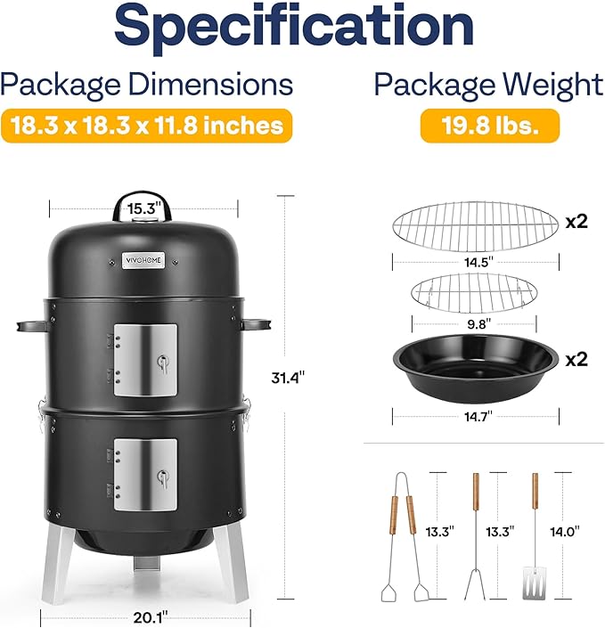 VIVOHOME 3-in-1 Vertical Charcoal Smoker