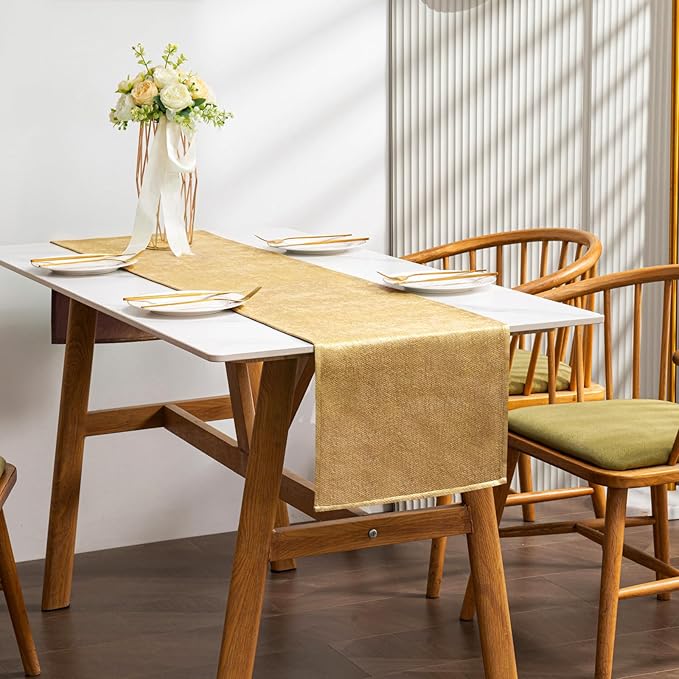 BALCONY & FALCON Gold Table Runner Lustrous Linen 14"x95" Water Resistant Washable Vintage Rustic Runner for Table, Dining, Party, Wedding, Birthday, Easter, Thanksgiving, Christmas Décor