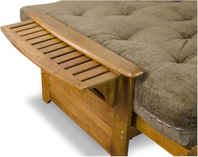 Nirvana Futons Brentwood Tray Arm Futon Sofabed Set - Queen Frame, 8" Thick Ivory Mattress, Rich Heritage Finish