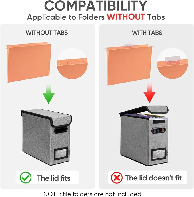 BALEINE File Organizer Box with Lid, Collapsible File Folder Organizer with Plastic Slide, Hanging File Folder Box for Office Document Storage (2 Pack, Grey, S)