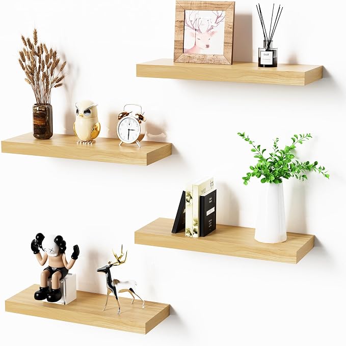 Bellsal Floating Shelves for Wall, Maple Wood Wall Shelf Set of 4, Living Room