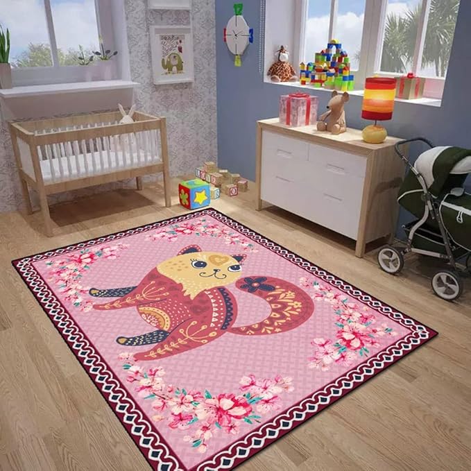 Cartoon Animal Pattern Area Rug Cute Cat Luxury Floral Decor for Carpet Farmhouse Bedroom Living Room Rugs Bathroom Kitchen Runner Mat Indoor Outdoor Non Slip Doormat 5' X 7'