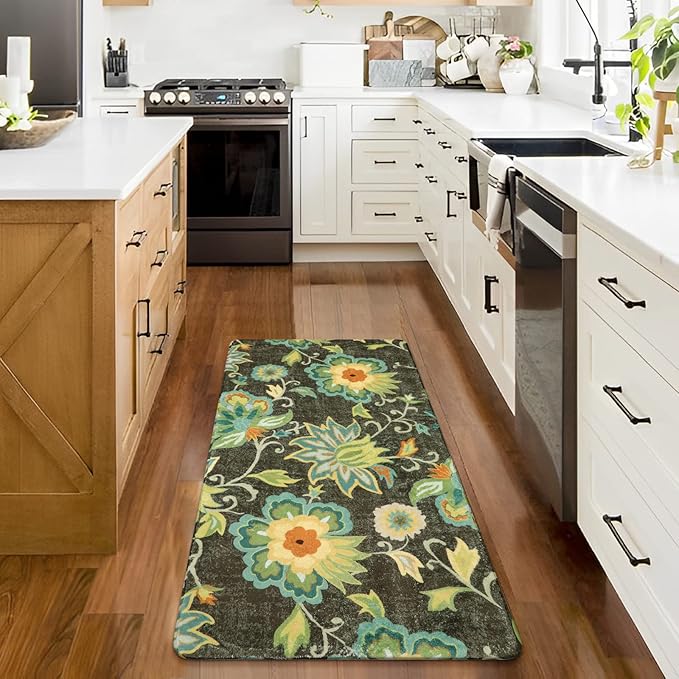 Lahome Floral Washable Entryway Rug - 2x4 Non-Slip Low-Pile Hallway Runner Soft Throw Kitchen Mat Bath Rug Green Paisley Print Indoor Carpet for Laundry Living Room Entrance