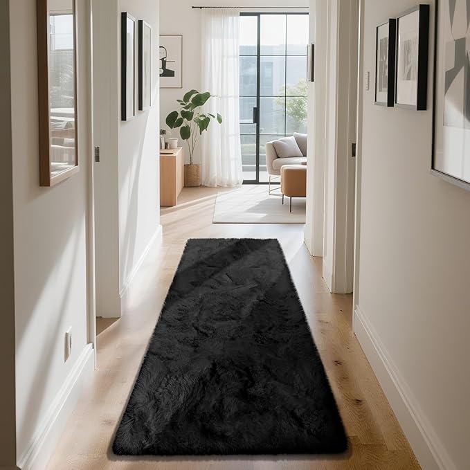 Soft Runner Rugs for Bedroom, Black 2x8 Runners for Hallways Fluffy Rug Area Rug, Bedside Rug for Living Room Bedroom Kids Room Home Decor