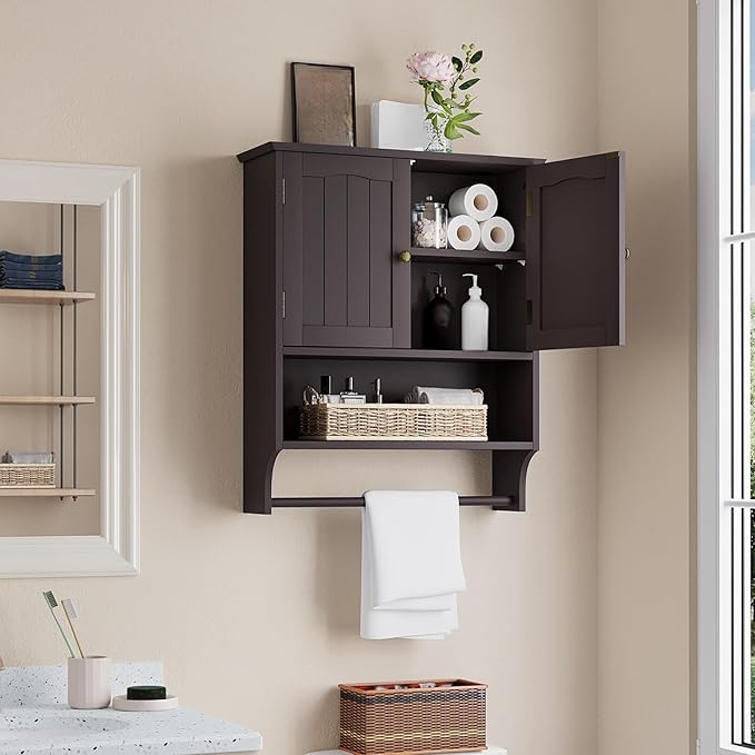 Smuxee Brown Wall Cabinet with Towel Bar - Medicine Cabinet with Adjustable Shelves, Over Toilet Cabinet for Laundry Room Kitchen
