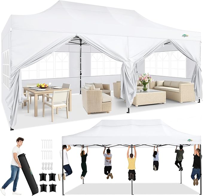 COBIZI 10x20 Heavy Duty Pop Up Canopy Tent with 6 Sidewalls Thicken Frame, Commercial Easy Up Outdoor Wedding Party Tents, All Season Waterproof Windproof with Stakes Sandbags Ropes Roller Bag, White