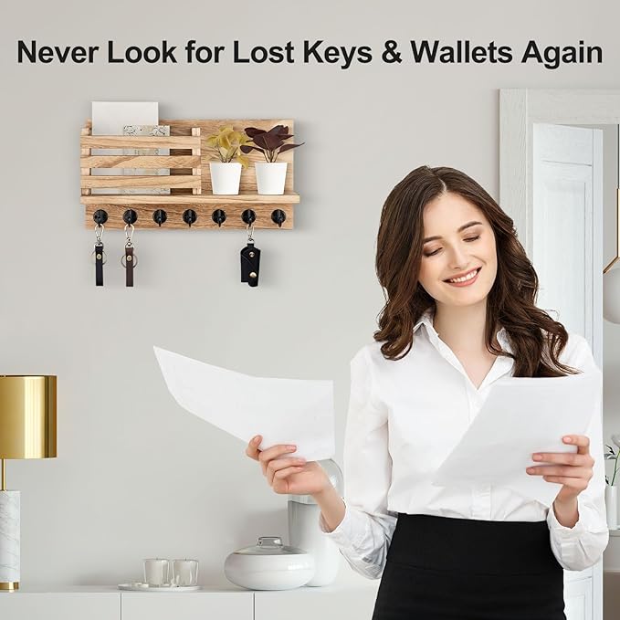 Lwenki Key Holder for Wall – Decorative Wooden Mail Holder and Key Shelf with Mounting Hardware, Installation Guide – Paulownia Wood with Metal Key Hooks (Wood, Extra Large - 15.6inch)