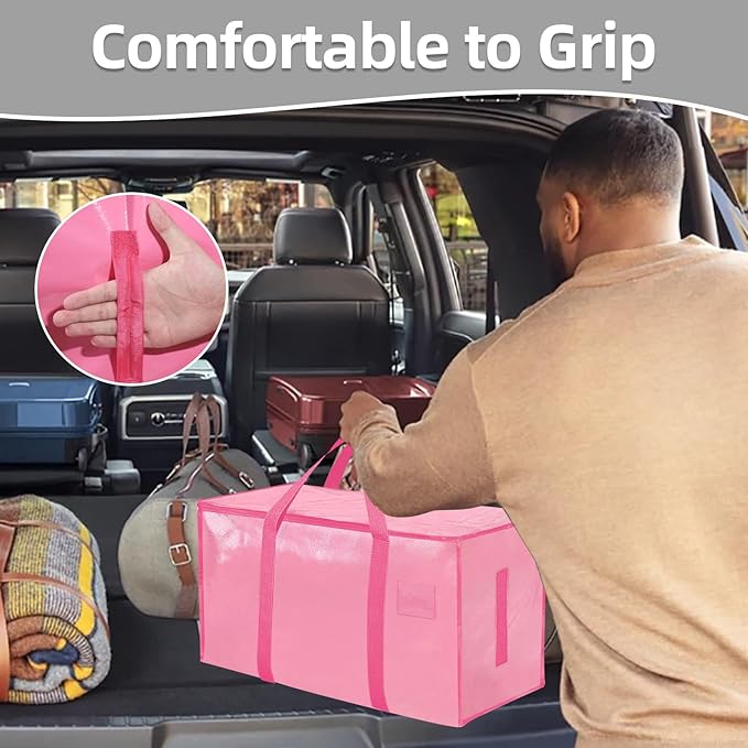 8 Pack-Extra Large Heavy Duty Moving Bags - Waterproof Storage Totes with Handles & Zippers, Foldable for College Dorm, Storage (Pink)