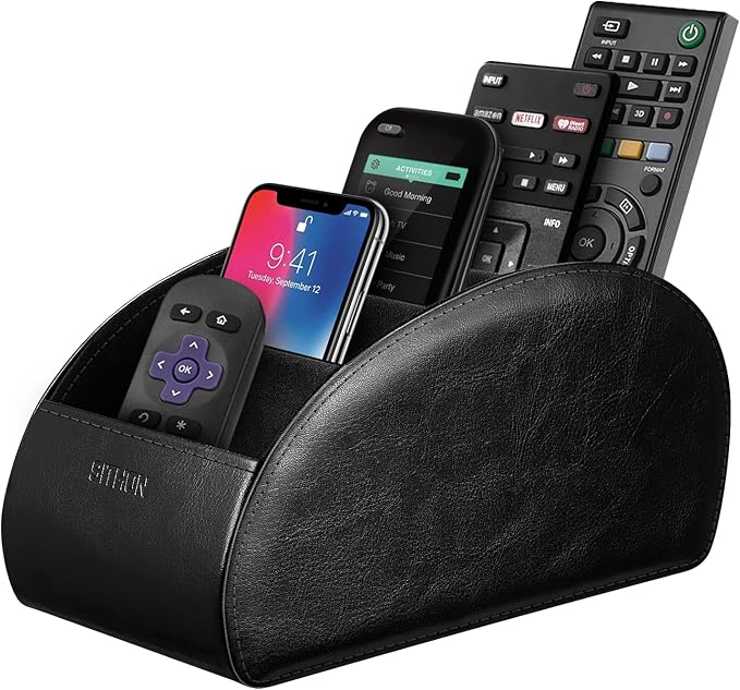 SITHON Remote Control Holder with 5 Compartments – [Upgrade Version] PU Leather Remote Caddy Desktop Organizer Store TV, DVD, Blu-Ray, Media Player, Smart Phones, Heater Controllers (Black)