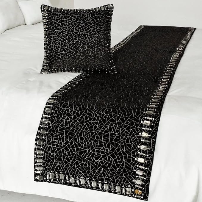 The HomeCentric King/Queen/Twin Black Decorative King 90"x18" Bed Runner Without Pillow Cover, Mosaic & Crystal Bed Scarf on Velvet Fabric - Mosaic Noir