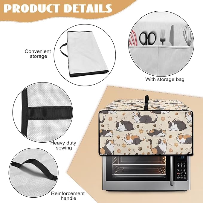 Cute Cats Paw Floral Print Microwave Oven Cover Waterproof Dust-Proof Microwave Oven Cloth Cover Polyester-Linen Fabric Small Appliance Dust Cover Case Protections Protector, S