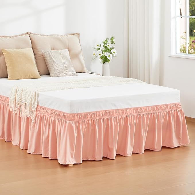 RIMELA Peachy Coral Bed Skirt Queen Size 18 Inch Drop, Elastic Bed Skirting for Bed Base and Frame, Bedding Dust Ruffle Easy to Install, Wrap Around Adjustable Bedskirt