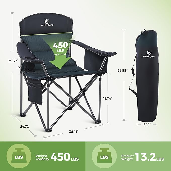 LET'S CAMP Oversized Folding Camping Chair Portable Outdoor Heavy Duty Padded Chairs Lawn Chair with Cup Holder, Storage Pocket and Cooler Bag, Supports 450LBS, for Camp, Travel, Picnic (Green)