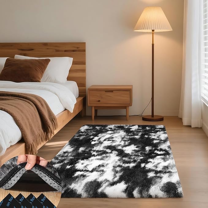 Black and White Rugs for Bedroom, 3x5 Fluffy Small Area Rugs for Living Room, Soft Shag Fuzzy Carpet with 4 Non-Slip Stickers for Kids Boys and Girls Nursery Room Dorm Home Decor (3ft x 5ft)