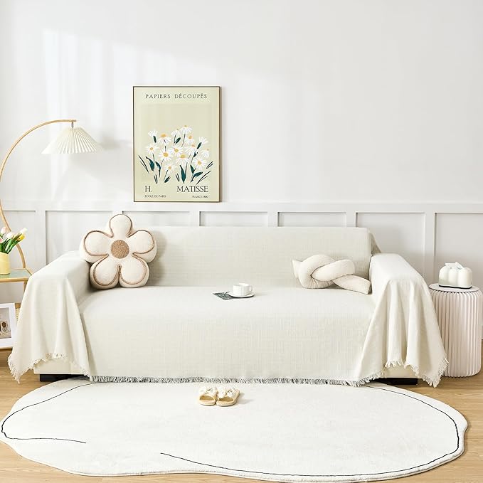 White Couch Cover Blanket Cute Geometrical Jacquard Washable Sofa Cover for Extra Large Furniture for 3 Cushion Sofa L Shaped Sectional Couch Blanket 71"x 134"