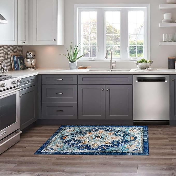 Easy-Going Boho Area Rug 2x3 Washable Entryway Rugs Front Door Mat Indoor Entrance Non-Slip Tangerine Vintage Small Entry Rug Lightweight for Living Room Bedroom Kitchen Bathroom, Floral Aqua Yellow