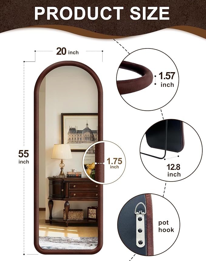 Delma Arched Full Length Mirror, Free Standing Floor Velvet Finish Frame Mirror for Leaning or Hanging, Soft Touch Bedroom & Living Room Decor, Brown