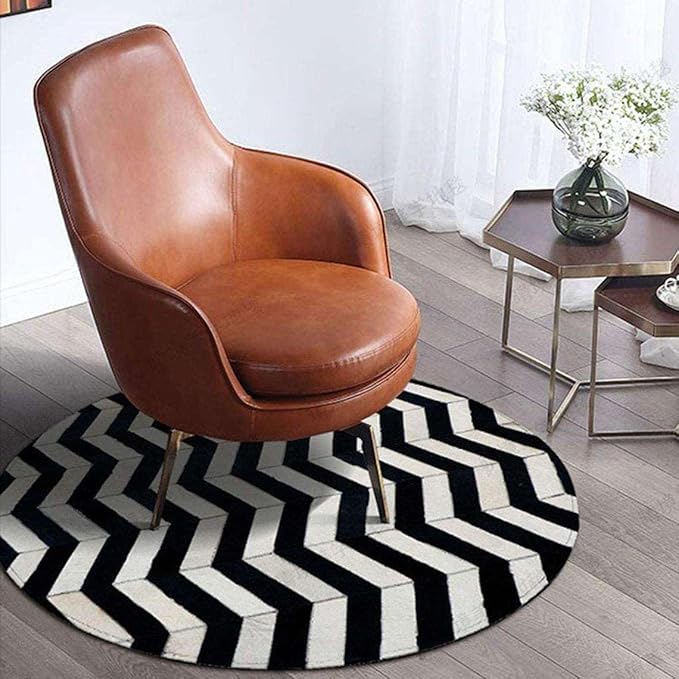 Round Cowhide Faux Leather Area Rug 9×9 ft – Black & White Modern Luxury Chevron Pattern Low Pile Carpet with Non-Slip Wool Backing, Soft Durable Living Room, Bedroom & Lounge Accent Rug