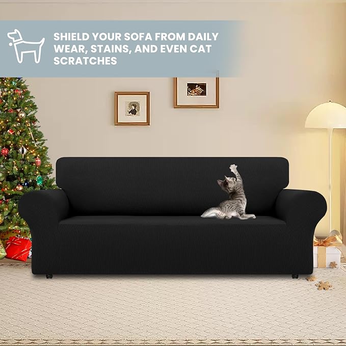 LURKA Stretch Loveseat Sofa Slipcovers 1 Piece Couch Covers for Sofa Furniture Protector Full Sofa Covers with Elastic Bottom for Kids and Dog (Medium, Black)