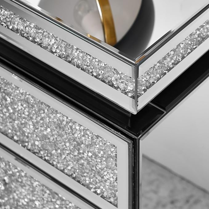 Modern Glam Glass Mirror Nightstand, 3-Drawer Luxury Mirrored Accent Table