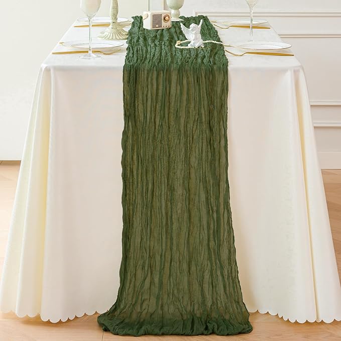 Sioloc Moss Green Cheesecloth Table Runner 120'' x 35'',Spring Easter Decor Soft Gauze Boho Wedding Table Decor for 10ft Table Birthday Party,Baby Shower, Bridal Shower, Home & Event Decor